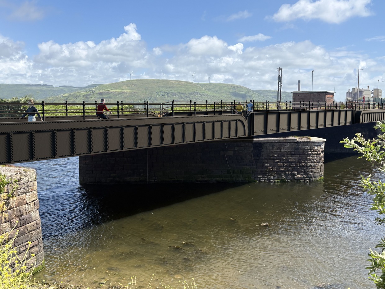 Artist's impression of the restored Newbridge Road Bridge in Port Talbot, a riveted iron girder bridge on stone piers over the River Afan with walkers and a cyclist crossing