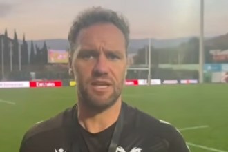 Ospreys head coach Mark Jones speaking pitchside after the win over Black Lion in Tbilisi