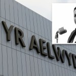Paul Potts in a bow tie beside a vintage microphone, inset over the Yr Aelwyd lettering on Port Talbot's rebuilt theatre