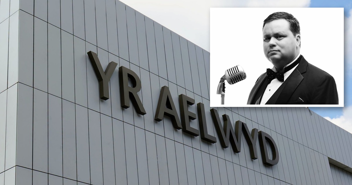 Paul Potts in a bow tie beside a vintage microphone, inset over the Yr Aelwyd lettering on Port Talbot's rebuilt theatre