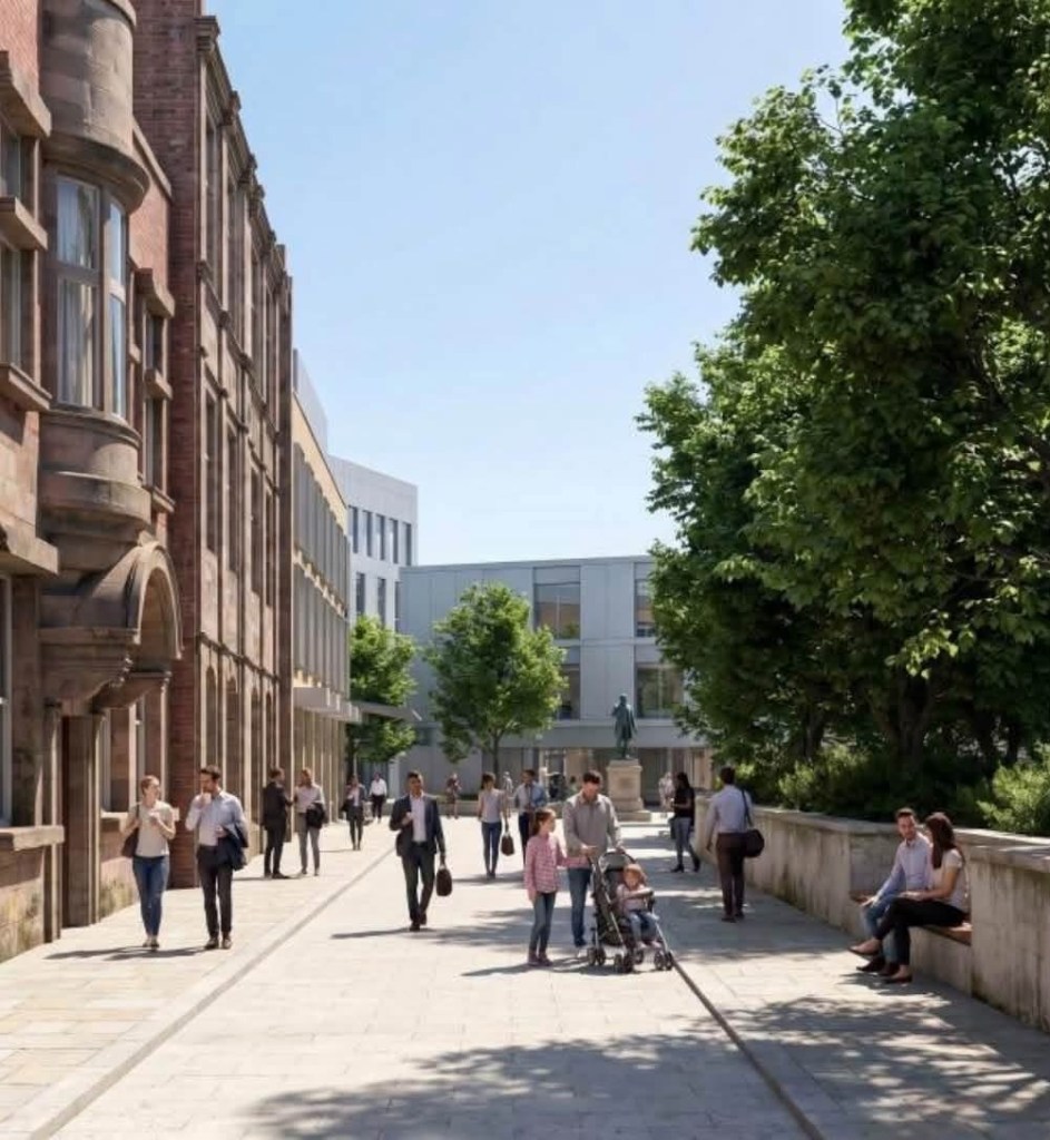 Artist's impression of a wide tree-lined walkway with people walking past a sandstone building towards modern office blocks