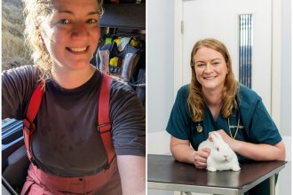 Side-by-side photos of Rebecca Madge: on the left smiling in a fire engine wearing red fire kit braces, on the right in green vet scrubs stroking a white rabbit on an examination table