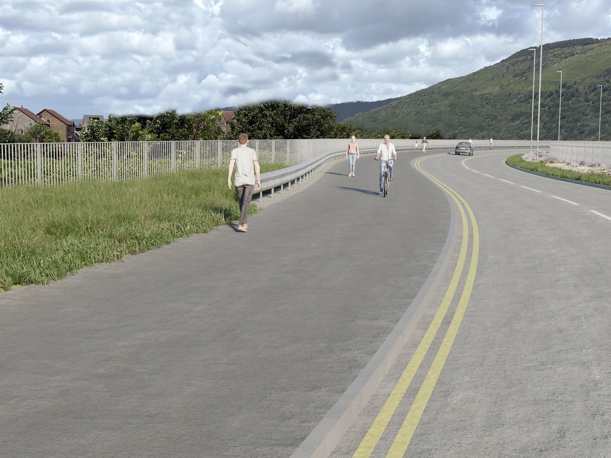 Artist's impression of Riverside Road in Port Talbot with a wide shared path for walkers and cyclists beside a repositioned road, a crash barrier and new street lights
