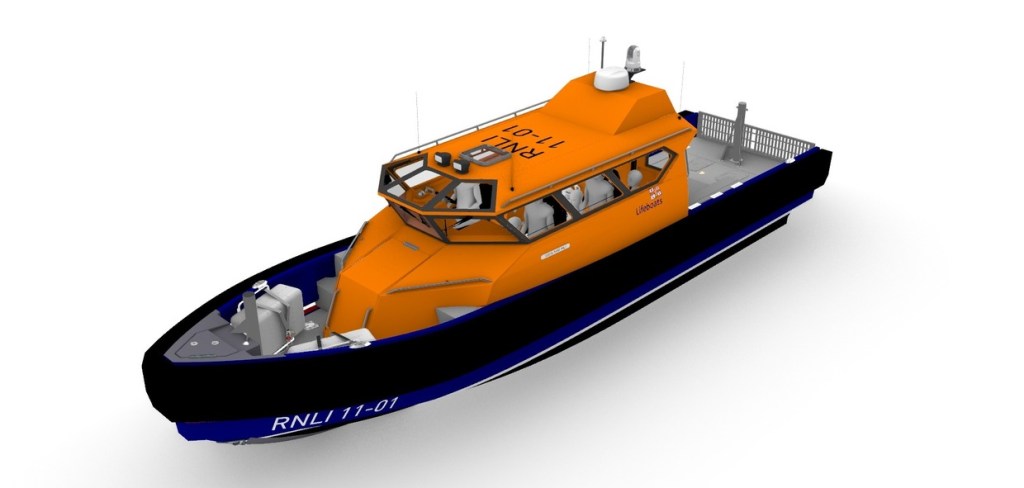 Computer rendering of the RNLI's new 11-metre Coastal Lifeboat, orange wheelhouse and navy hull, marked RNLI 11-01