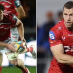Scarlets number eight Fletcher Anderson, left, and scrum-half Gareth Davies, right, each running with the ball in Scarlets red