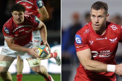 Scarlets number eight Fletcher Anderson, left, and scrum-half Gareth Davies, right, each running with the ball in Scarlets red