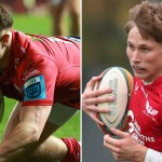 Scarlets wings Macs Page, left, diving to score, and Ellis Mee, right, running with the ball