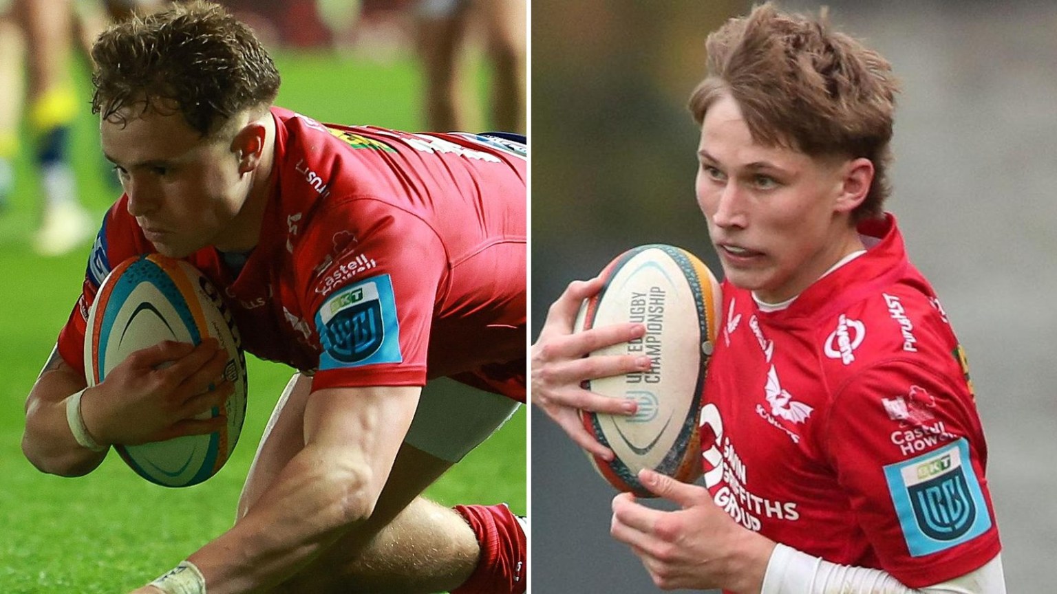 Scarlets wings Macs Page, left, diving to score, and Ellis Mee, right, running with the ball