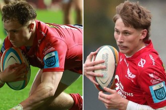 Scarlets wings Macs Page, left, diving to score, and Ellis Mee, right, running with the ball