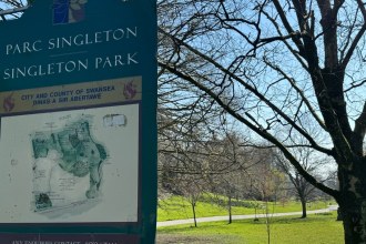 The bilingual Parc Singleton / Singleton Park sign with a City and County of Swansea crest and park map, with trees and lawns behind