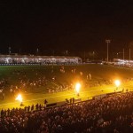 Flames shooting up along the touchline under the floodlights as the Ospreys run out in front of a packed St Helen’s at night