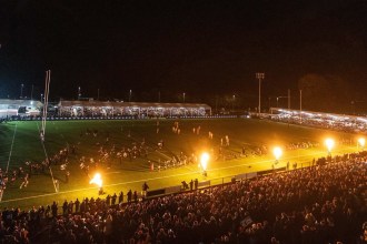 Flames shooting up along the touchline under the floodlights as the Ospreys run out in front of a packed St Helen’s at night