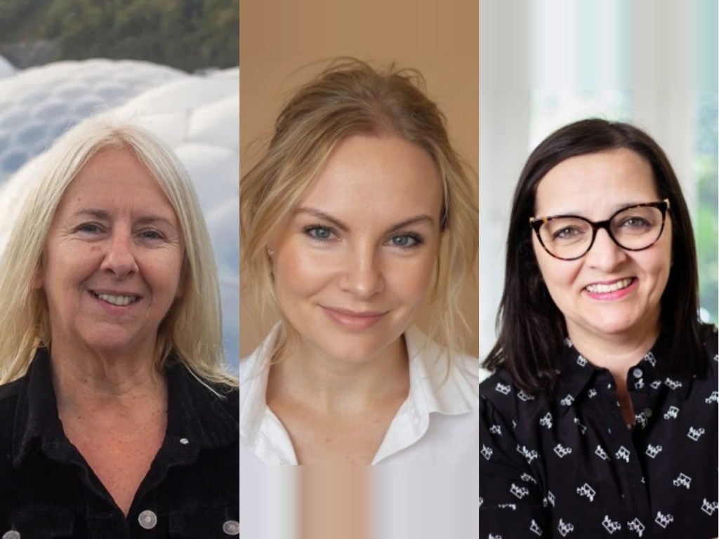 Headshots of three smiling women side by side: Dawn Dines with long blonde hair in front of the Eden Project domes, Hayley Crawford in a white shirt, and Figen Murray in glasses and a patterned black blouse