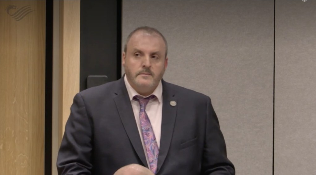 Steve Bayliss, bearded, in a dark suit and patterned tie, speaking in the Senedd chamber