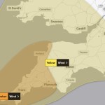 Met Office map showing a yellow wind warning over south Wales and southern England and an amber wind warning over Cornwall and Devon