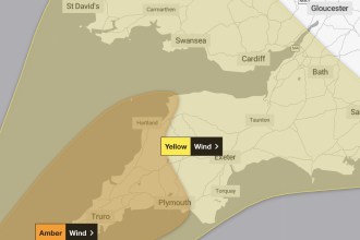 Met Office map showing a yellow wind warning over south Wales and southern England and an amber wind warning over Cornwall and Devon