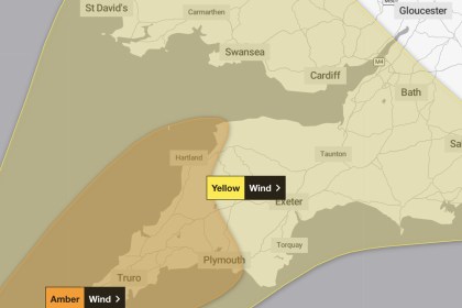 Met Office map showing a yellow wind warning over south Wales and southern England and an amber wind warning over Cornwall and Devon