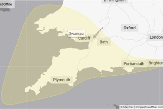 Met Office map showing the yellow wind warning area for Storm Austen covering south Wales, including Swansea, and southern England on Friday 23 October