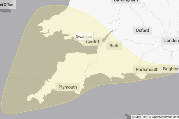 Met Office map showing the yellow wind warning area for Storm Austen covering south Wales, including Swansea, and southern England on Friday 23 October
