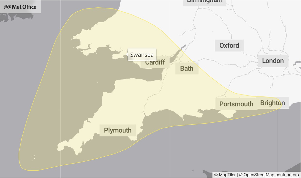 Met Office map showing the yellow wind warning area for Storm Austen covering south Wales, including Swansea, and southern England on Friday 23 October