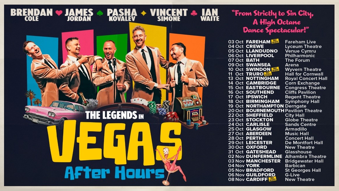Tour poster for The Legends in Vegas: After Hours showing the five dancers in tan suits with a pink Cadillac, roulette wheel and slot machine, beside the list of tour dates