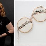 Tammy Danielle Davies, with red curly hair and glasses, beside her artwork of three embroidery hoops joined by trails of thread