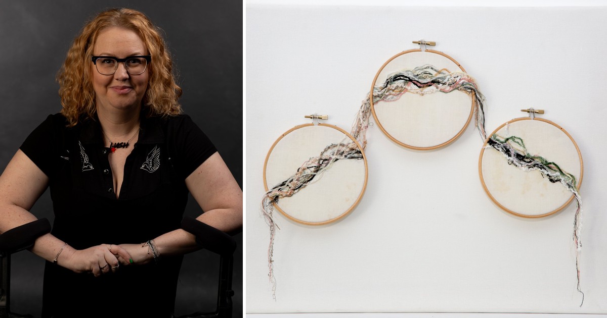 Tammy Danielle Davies, with red curly hair and glasses, beside her artwork of three embroidery hoops joined by trails of thread