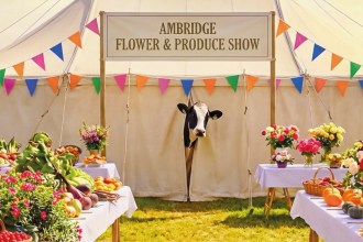 Tour artwork for The Archers: Live at 75, a cow peering out of a marquee under an Ambridge Flower and Produce Show banner, with bunting and tables of flowers and vegetables
