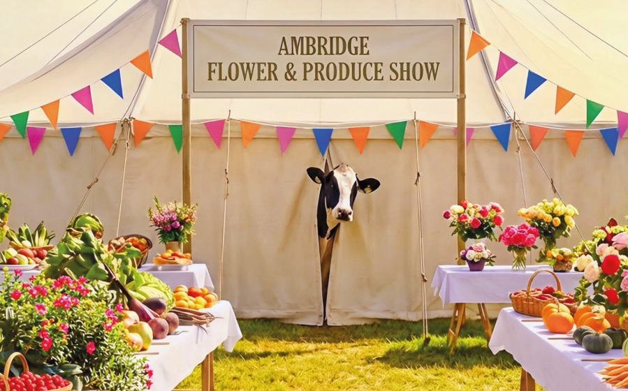 Tour artwork for The Archers: Live at 75, a cow peering out of a marquee under an Ambridge Flower and Produce Show banner, with bunting and tables of flowers and vegetables