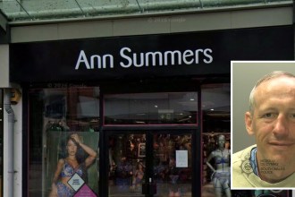 South Wales Police custody photograph of Wayne Rogers inset on the Ann Summers shopfront on Whitewalls, Swansea