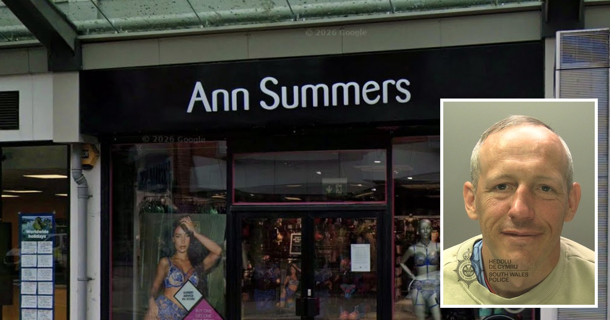 South Wales Police custody photograph of Wayne Rogers inset on the Ann Summers shopfront on Whitewalls, Swansea