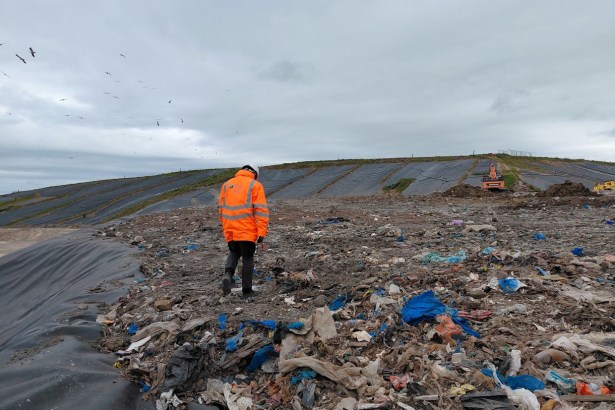 An NRW officer in orange walks across exposed waste at Withyhedge Landfill with gulls overhead and capped slopes behind