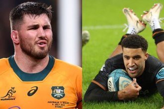 Composite of Ospreys co-captains Liam Wright, in an Australia shirt, and Keelan Giles scoring a try in Ospreys black