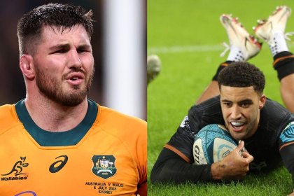 Composite of Ospreys co-captains Liam Wright, in an Australia shirt, and Keelan Giles scoring a try in Ospreys black