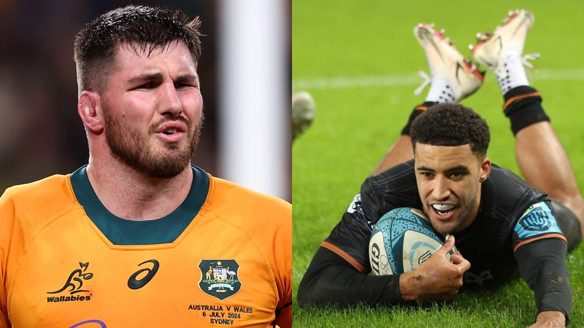 Composite of Ospreys co-captains Liam Wright, in an Australia shirt, and Keelan Giles scoring a try in Ospreys black